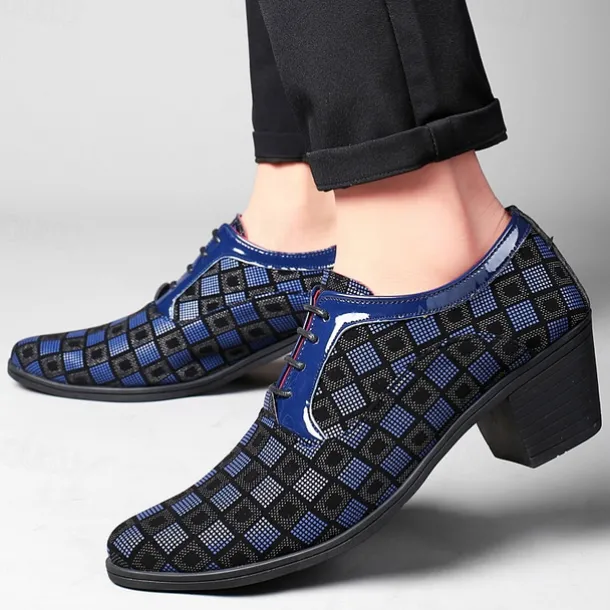 Men's Patterned Lace-Up Block Heel Dress Shoes – Blue and Black Geometric Design for Christmas Party, Formal, and Dance Events