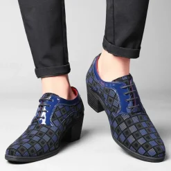 Men's Patterned Lace-Up Block Heel Dress Shoes – Blue and Black Geometric Design for Christmas Party, Formal, and Dance Events