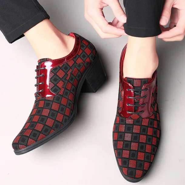 Men's Patterned Lace-Up Block Heel Dress Shoes – Blue and Black Geometric Design for Christmas Party, Formal, and Dance Events