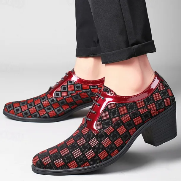 Men's Patterned Lace-Up Block Heel Dress Shoes – Blue and Black Geometric Design for Christmas Party, Formal, and Dance Events