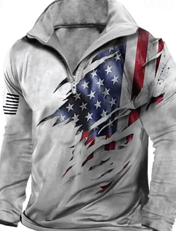 Men's Paw Veterans Zip Polo Long Sleeve Polo Shirts Turndown Zip Abstract Outdoor Casual Daily Streetwear 3D Print Fall & Winter Gray