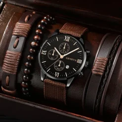 Men's 4pcs/Set Quartz Watch for Men Analog Quartz Retro Stylish Chronograph Alloy Nylon Sport Style Watches