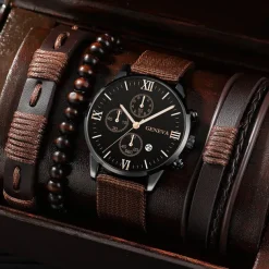 Men's 4pcs/Set Quartz Watch for Men Analog Quartz Retro Stylish Chronograph Alloy Nylon Sport Style Watches