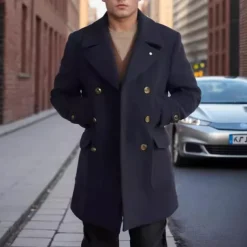 Men's Peacoat Trench Coat Daily Vacation Fall & Winter Polyester Thermal Warm Outerwear Clothing Apparel Fashion Classic Plain Pocket Lapel Double Breasted