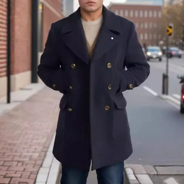 Men's Peacoat Trench Coat Daily Vacation Fall & Winter Polyester Thermal Warm Outerwear Clothing Apparel Fashion Classic Plain Pocket Lapel Double Breasted