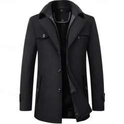 Men's Peacoat Trench Coat Daily Vacation Fall & Winter Polyester Thermal Warm Outerwear Clothing Apparel Fashion Classic Plain Pocket Lapel Zipper