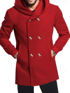 Men's Peacoat Trench Coat Daily Vacation Fall & Winter Polyester Soft Outerwear Clothing Apparel Fashion Classic Plain Pocket Hooded Double Breasted