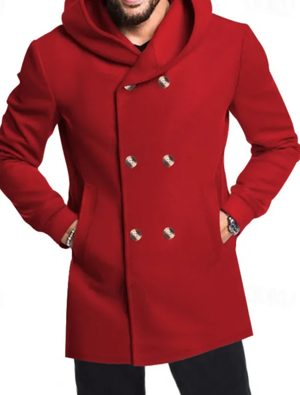 Men's Peacoat Trench Coat Daily Vacation Fall & Winter Polyester Soft Outerwear Clothing Apparel Fashion Classic Plain Pocket Hooded Double Breasted