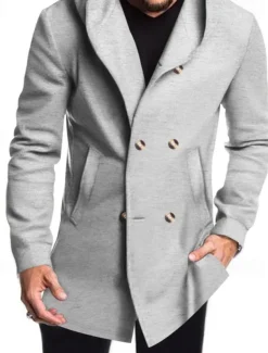 Men's Peacoat Trench Coat Daily Vacation Fall & Winter Polyester Soft Outerwear Clothing Apparel Fashion Classic Plain Pocket Hooded Double Breasted