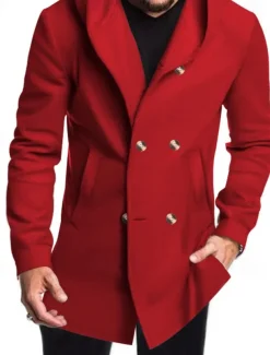 Men's Peacoat Trench Coat Daily Vacation Fall & Winter Polyester Soft Outerwear Clothing Apparel Fashion Classic Plain Pocket Hooded Double Breasted