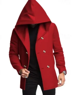 Men's Peacoat Trench Coat Daily Vacation Fall & Winter Polyester Soft Outerwear Clothing Apparel Fashion Classic Plain Pocket Hooded Double Breasted