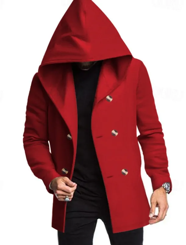 Men's Peacoat Trench Coat Daily Vacation Fall & Winter Polyester Soft Outerwear Clothing Apparel Fashion Classic Plain Pocket Hooded Double Breasted