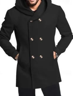 Men's Peacoat Trench Coat Daily Vacation Fall & Winter Polyester Soft Outerwear Clothing Apparel Fashion Classic Plain Pocket Hooded Double Breasted