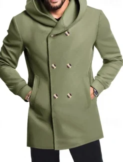 Men's Peacoat Trench Coat Daily Vacation Fall & Winter Polyester Soft Outerwear Clothing Apparel Fashion Classic Plain Pocket Hooded Double Breasted