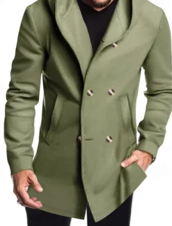 Men's Peacoat Trench Coat Daily Vacation Fall & Winter Polyester Soft Outerwear Clothing Apparel Fashion Classic Plain Pocket Hooded Double Breasted