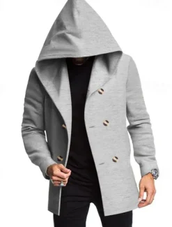 Men's Peacoat Trench Coat Daily Vacation Fall & Winter Polyester Soft Outerwear Clothing Apparel Fashion Classic Plain Pocket Hooded Double Breasted