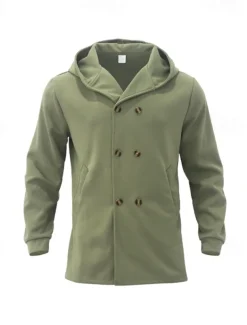 Men's Peacoat Trench Coat Daily Vacation Fall & Winter Polyester Soft Outerwear Clothing Apparel Fashion Classic Plain Pocket Hooded Double Breasted