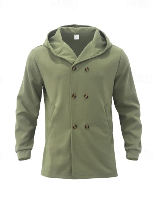 Men's Peacoat Trench Coat Daily Vacation Fall & Winter Polyester Soft Outerwear Clothing Apparel Fashion Classic Plain Pocket Hooded Double Breasted