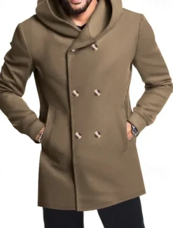 Men's Peacoat Trench Coat Daily Vacation Fall & Winter Polyester Soft Outerwear Clothing Apparel Fashion Classic Plain Pocket Hooded Double Breasted