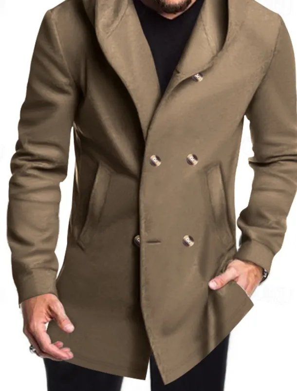Men's Peacoat Trench Coat Daily Vacation Fall & Winter Polyester Soft Outerwear Clothing Apparel Fashion Classic Plain Pocket Hooded Double Breasted