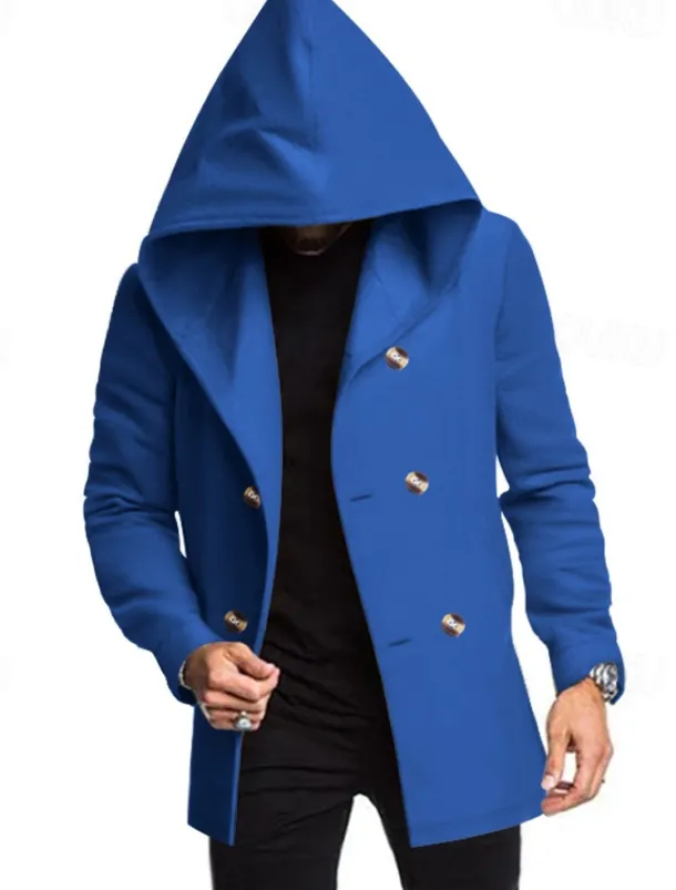 Men's Peacoat Trench Coat Daily Vacation Fall & Winter Polyester Soft Outerwear Clothing Apparel Fashion Classic Plain Pocket Hooded Double Breasted