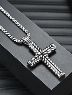 Men's Pendant Necklace Steel color and steel color flower blue chain Stainless Steel Cross