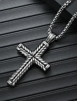 Men's Pendant Necklace Steel color and steel color flower blue chain Stainless Steel Cross