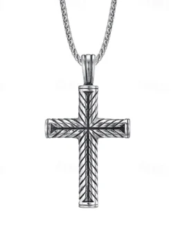Men's Pendant Necklace Steel color and steel color flower blue chain Stainless Steel Cross