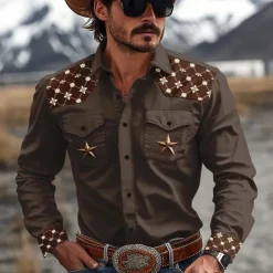 Men's Pentagram Western Shirt Cowboy Shirt Long Sleeve Western Sport Spring Fall Turndown Patchwork Dark Brown Brown