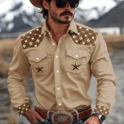 Men's Pentagram Western Shirt Cowboy Shirt Long Sleeve Western Sport Spring Fall Turndown Patchwork Dark Brown Brown
