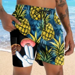 Men's Pineapple Funny Donuts Lined Shorts 2 in 1 Board Shorts Swim Shorts Mid Waist Hawaiian Vacation Holiday Beach Wear Side Pockets With Compression Liner Elastic Drawstring Waist Designer Clothing
