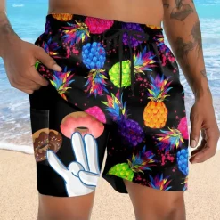 Men's Pineapple Funny Donuts Lined Shorts 2 in 1 Board Shorts Swim Shorts Mid Waist Hawaiian Vacation Holiday Beach Wear Side Pockets With Compression Liner Elastic Drawstring Waist Designer Clothing