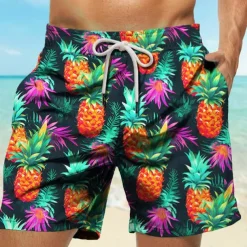 Men's Pineapple Swim Trunks Swim Shorts Board Shorts Mid Waist Vacation Hawaiian Holiday Vacation Holiday Beach Drawstring with Mesh lining Elastic Waist Designer Clothing Apparel