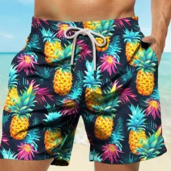 Men's Pineapple Swim Trunks Swim Shorts Board Shorts Mid Waist Vacation Hawaiian Holiday Vacation Holiday Beach Drawstring with Mesh lining Elastic Waist Designer Clothing Apparel