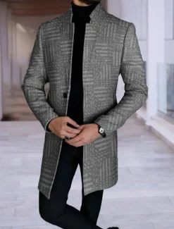 Men's Plaid / Check Geometry Winter Coat Overcoat Coat Warm Breathable Comfortable Fashion Streetwear Business Work Wear to work Going out Pocket Print Fall & Winter Turndown Long Sleeve Black Gray