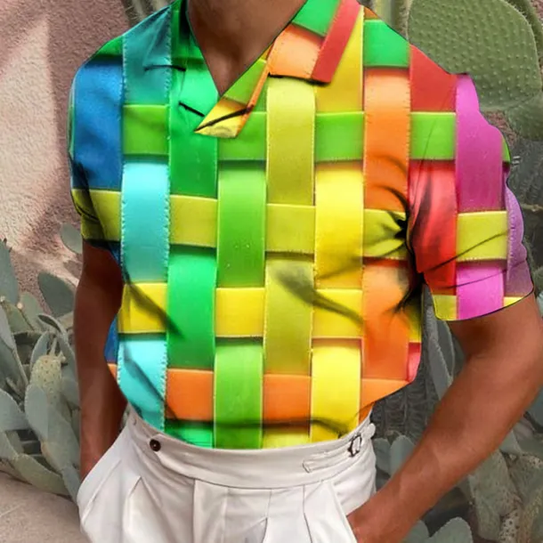 Men's Plaid / Check Graphic Prints Polo Shirt Golf Shirt Short Sleeves Shirt Cuban Collar Outdoor Street Yellow Red Green Print Clothing Apparel Fashion Designer Casual Breathable