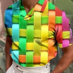 Men's Plaid / Check Graphic Prints Polo Shirt Golf Shirt Short Sleeves Shirt Cuban Collar Outdoor Street Yellow Red Green Print Clothing Apparel Fashion Designer Casual Breathable