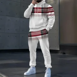 Men's Plaid Color Block 2pcs 3D Sweatshirt Sets Tracksuit Hoodie Sweatshirt Long Sleeve Long pants Hooded Sporty Casual Daily Athleisure 3D Print Spring Fall Winter Black White Gray