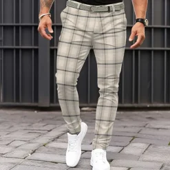 Men's Plaid Dress Pants Mid Waist Business Casual Formal Dailywear Pocket Summer Spring Fall Beige