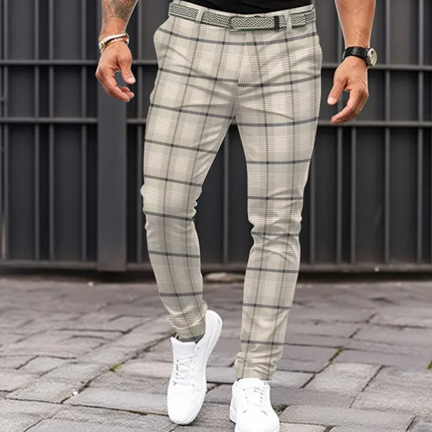 Men's Plaid Dress Pants Mid Waist Business Casual Formal Dailywear Pocket Summer Spring Fall Beige