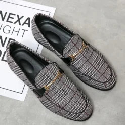 Men's Plaid Fabric Loafers with Metal Buckle – Stylish Slip-On Shoes for Business, Weddings, and Smart-Casual Outfits