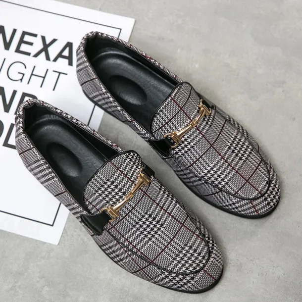 Men's Plaid Fabric Loafers with Metal Buckle – Stylish Slip-On Shoes for Business, Weddings, and Smart-Casual Outfits