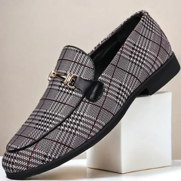 Men's Plaid Fabric Loafers with Metal Buckle – Stylish Slip-On Shoes for Business, Weddings, and Smart-Casual Outfits