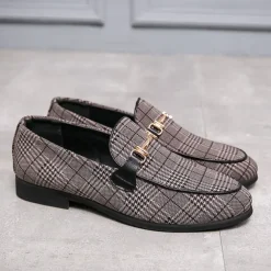 Men's Plaid Fabric Loafers with Metal Buckle – Stylish Slip-On Shoes for Business, Weddings, and Smart-Casual Outfits