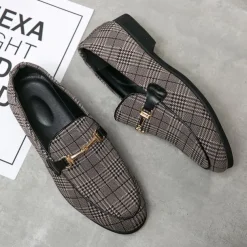Men's Plaid Fabric Loafers with Metal Buckle – Stylish Slip-On Shoes for Business, Weddings, and Smart-Casual Outfits