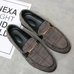 Men's Plaid Fabric Loafers with Metal Buckle – Stylish Slip-On Shoes for Business, Weddings, and Smart-Casual Outfits