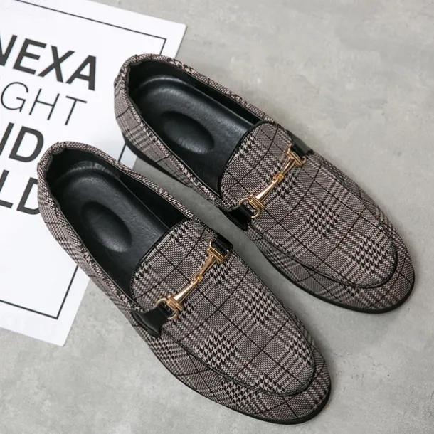 Men's Plaid Fabric Loafers with Metal Buckle – Stylish Slip-On Shoes for Business, Weddings, and Smart-Casual Outfits