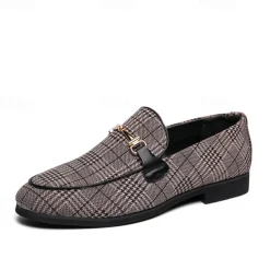 Men's Plaid Fabric Loafers with Metal Buckle – Stylish Slip-On Shoes for Business, Weddings, and Smart-Casual Outfits