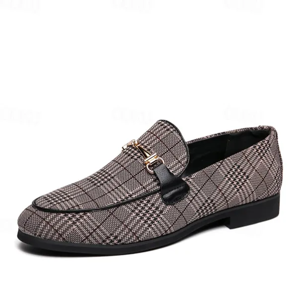 Men's Plaid Fabric Loafers with Metal Buckle – Stylish Slip-On Shoes for Business, Weddings, and Smart-Casual Outfits
