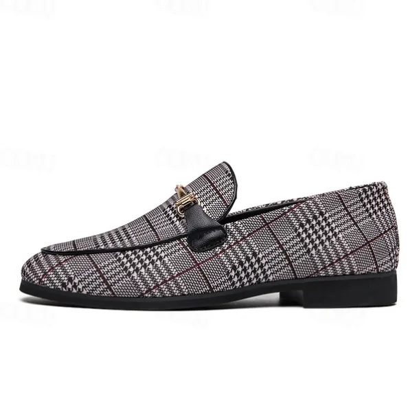 Men's Plaid Fabric Loafers with Metal Buckle – Stylish Slip-On Shoes for Business, Weddings, and Smart-Casual Outfits